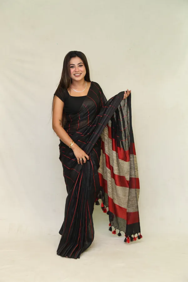 Black_Pure_Linen_Saree_with_Red_Stripes_&_Ghicha_Silk_Pallu_|_Handwoven_Bhagalpuri_Saree_for_Festivals_–_Hatha_Karagha