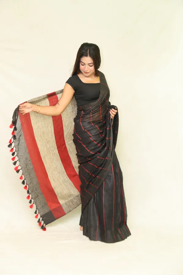 Black_Pure_Linen_Saree_with_Red_Stripes_&_Ghicha_Silk_Pallu_|_Handwoven_Bhagalpuri_Saree_for_Festivals_–_Hatha_Karagha