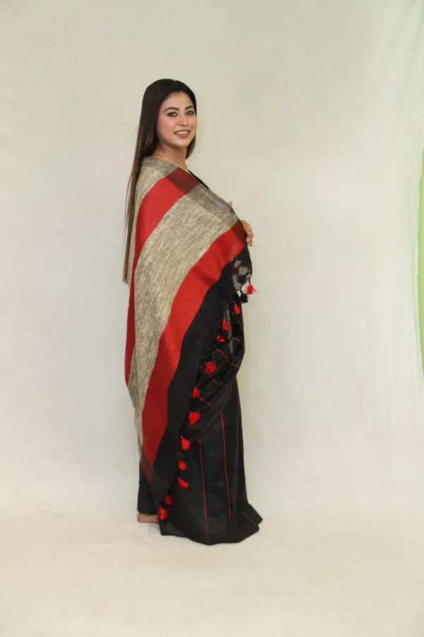 Black_Pure_Linen_Saree_with_Red_Stripes_&_Ghicha_Silk_Pallu_|_Handwoven_Bhagalpuri_Saree_for_Festivals_–_Hatha_Karagha