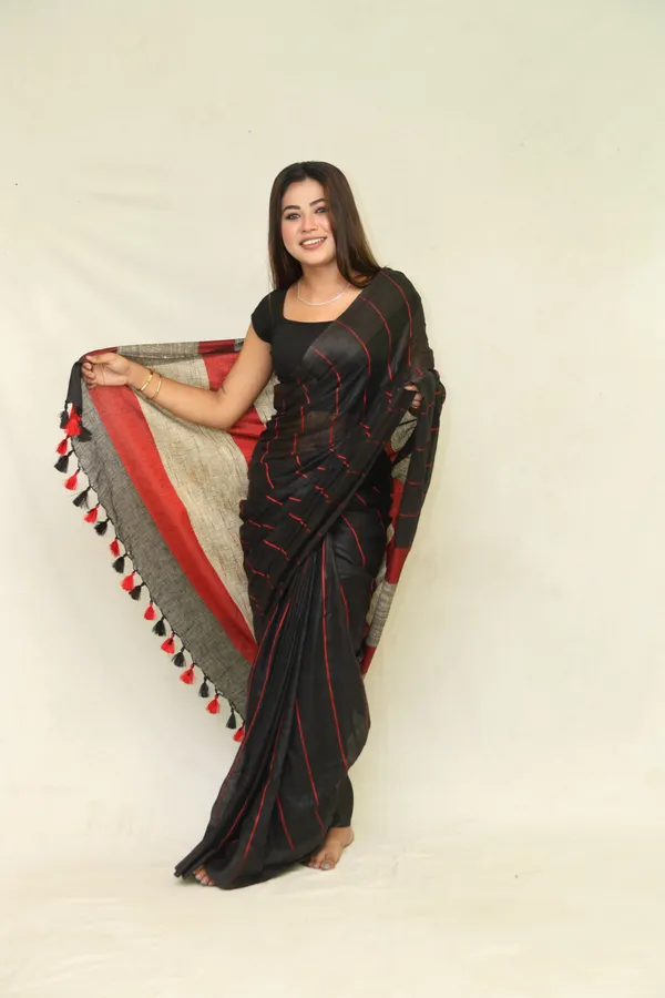 Black_Pure_Linen_Saree_with_Red_Stripes_&_Ghicha_Silk_Pallu_|_Handwoven_Bhagalpuri_Saree_for_Festivals_–_Hatha_Karagha
