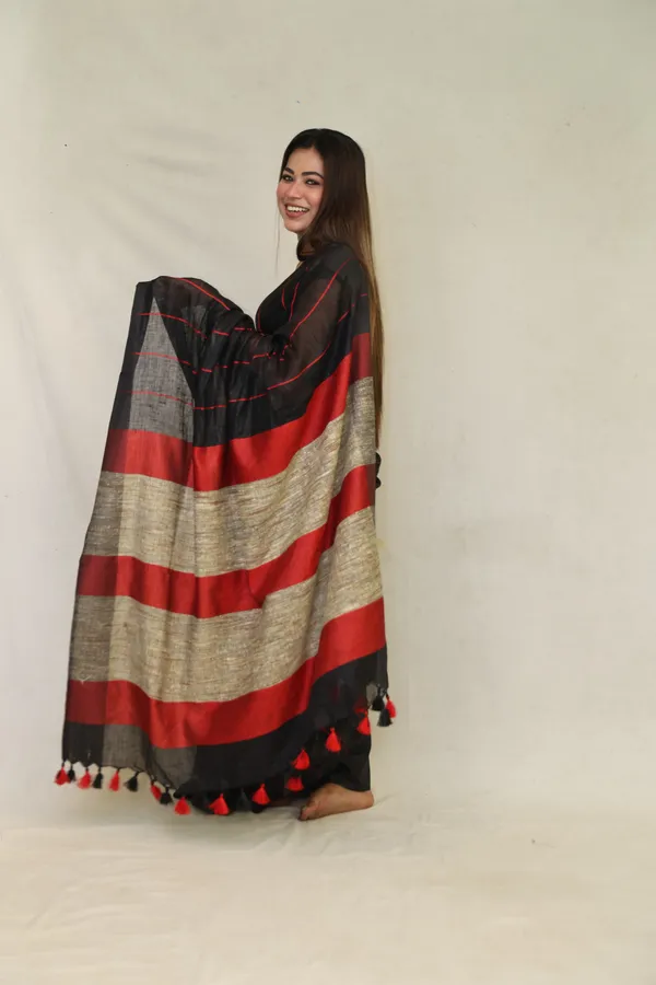 Black_Pure_Linen_Saree_with_Red_Stripes_&_Ghicha_Silk_Pallu_|_Handwoven_Bhagalpuri_Saree_for_Festivals_–_Hatha_Karagha