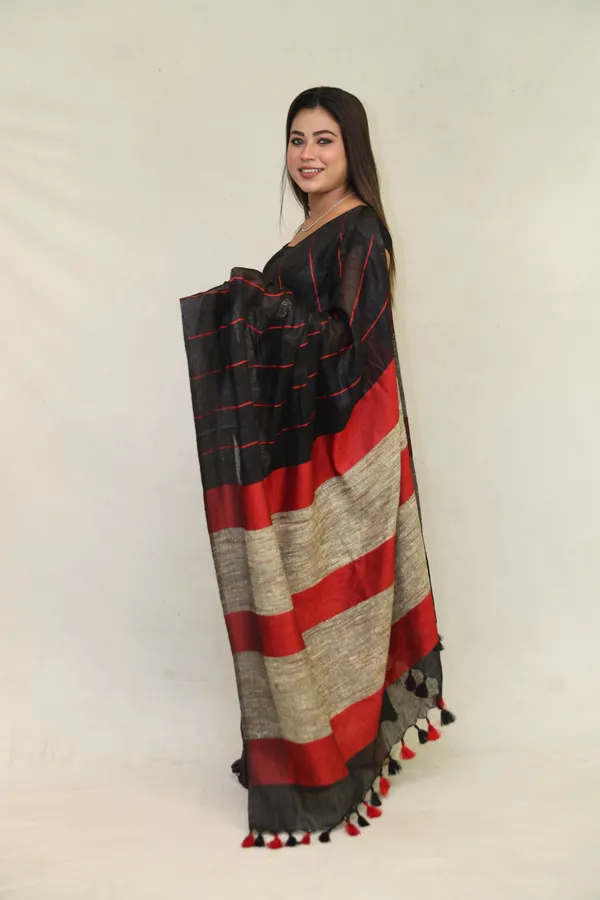 Black_Pure_Linen_Saree_with_Red_Stripes_&_Ghicha_Silk_Pallu_|_Handwoven_Bhagalpuri_Saree_for_Festivals_–_Hatha_Karagha