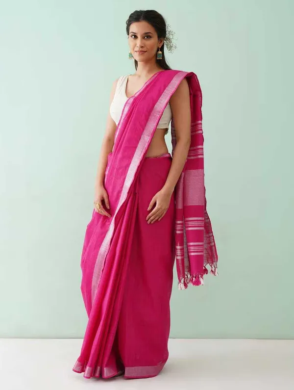 Hot_Pink_Bhagalpuri_Cotton_Linen_Saree_For_Women