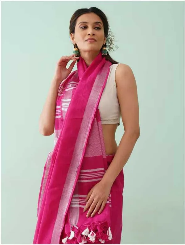 Hot_Pink_Bhagalpuri_Cotton_Linen_Saree_For_Women