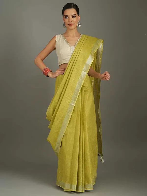 Lime_Green_Bhagalpuri_Cotton_Linen_Saree_For_Women