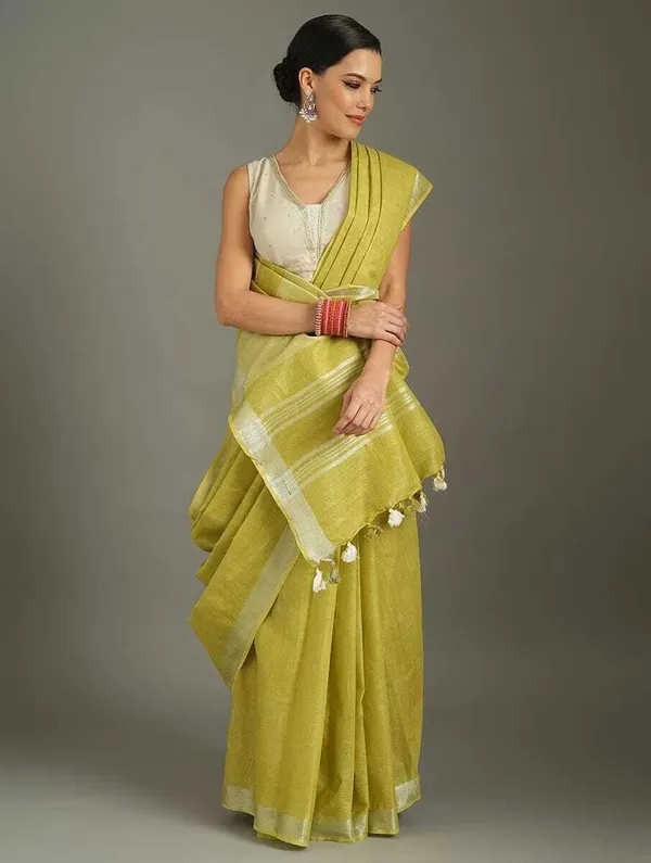 Lime_Green_Bhagalpuri_Cotton_Linen_Saree_For_Women