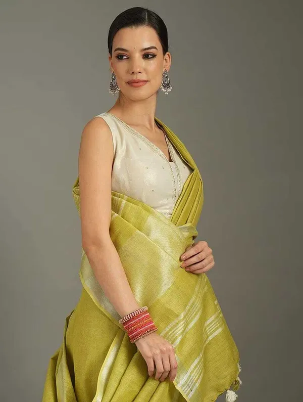 Lime_Green_Bhagalpuri_Cotton_Linen_Saree_For_Women