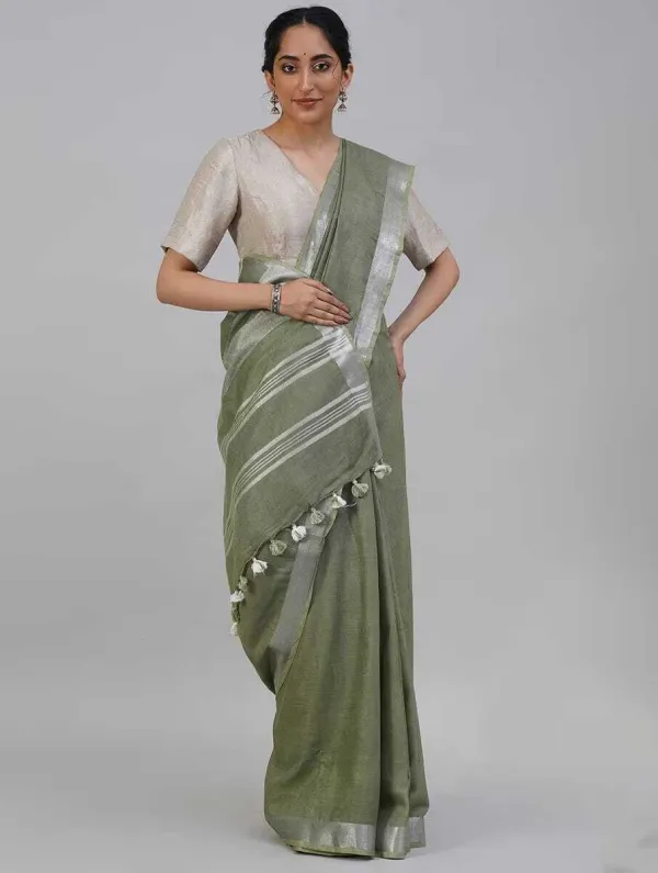 Olive_Green_Bhagalpuri_Cotton_Linen_Saree_For_Women