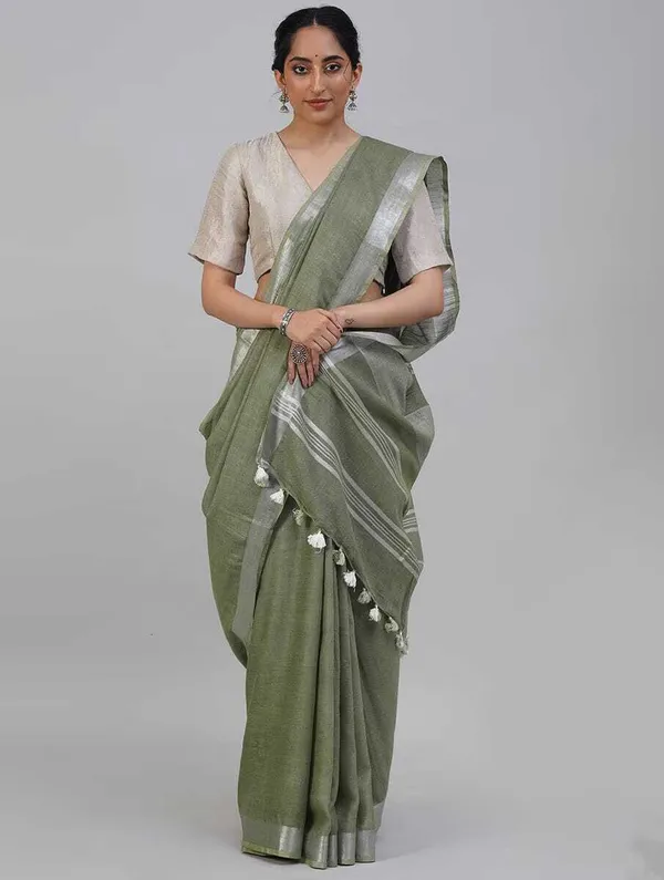 Olive_Green_Bhagalpuri_Cotton_Linen_Saree_For_Women