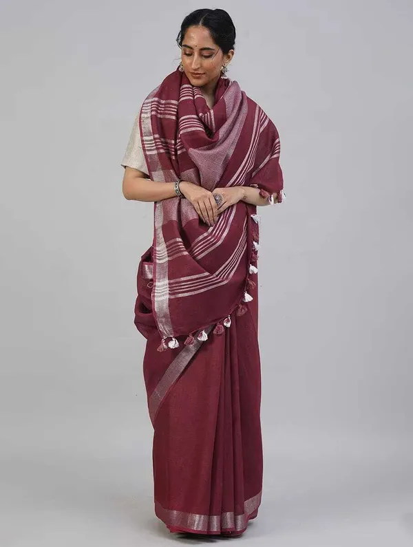 Maroon_Bhagalpuri_Cotton_Linen_Saree_For_Women