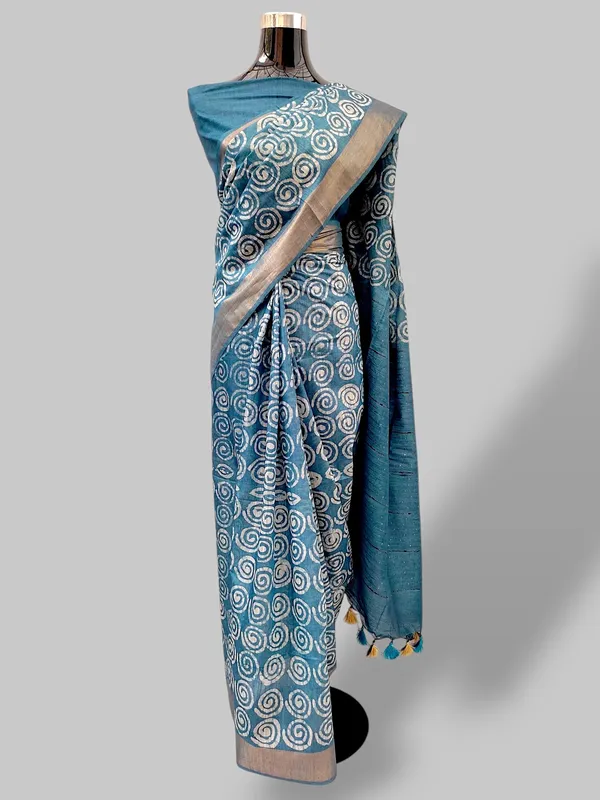 Blue_Hand_Batik_Silk_Blend_Saree_For_Women
