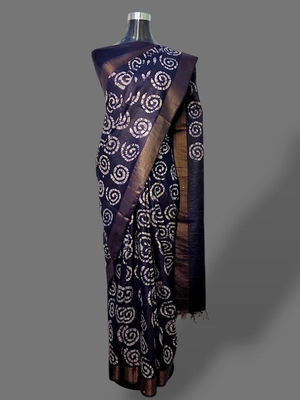 Blue_Hand_Batik_Silk_Blend_Saree_For_Women
