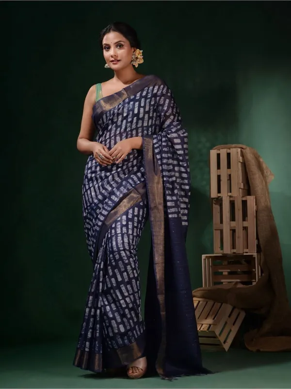 Blue_Hand_Batik_Silk_Blend_Saree_For_Women