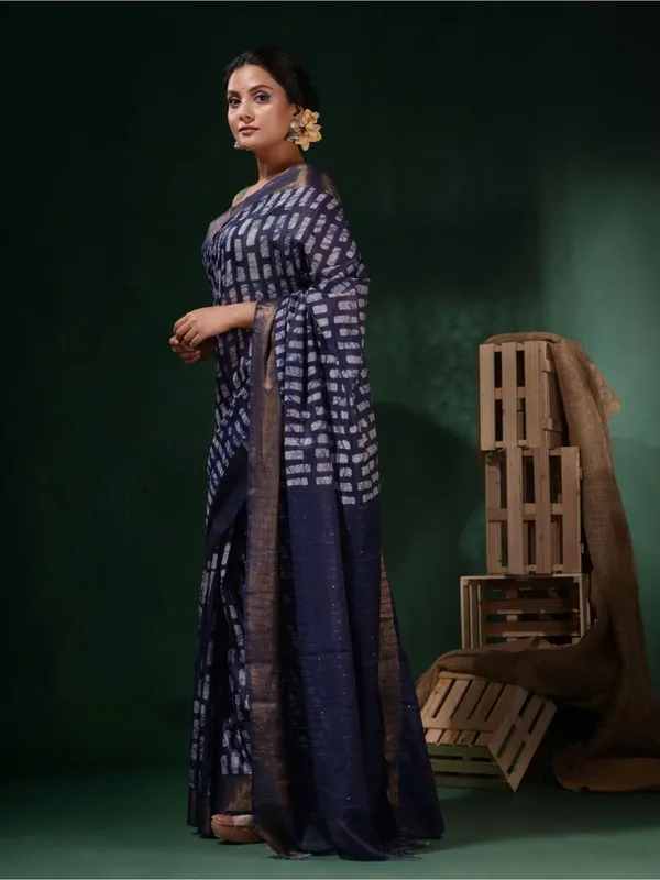 Blue_Hand_Batik_Silk_Blend_Saree_For_Women