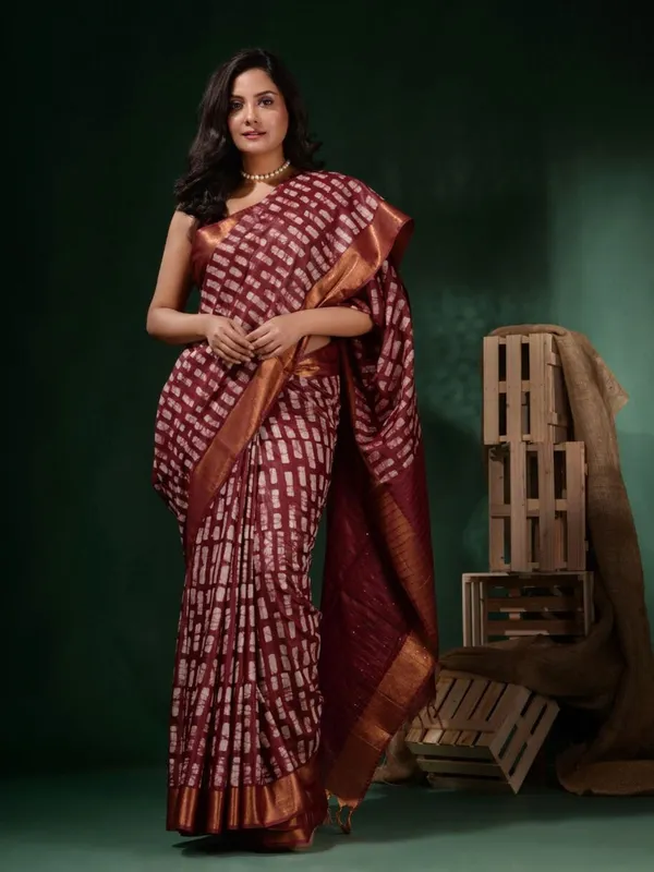 Maroon_Hand_Batik_Silk_Blend_Saree_For_Women