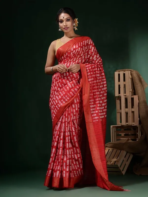 Red_Hand_Batik_Silk_Blend_Saree_For_Women