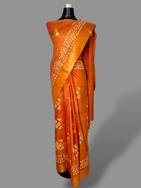 Orange_Hand_Batik_Silk_Blend_Saree_For_Women