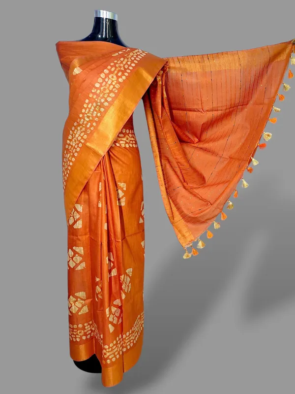 Orange_Hand_Batik_Silk_Blend_Saree_For_Women
