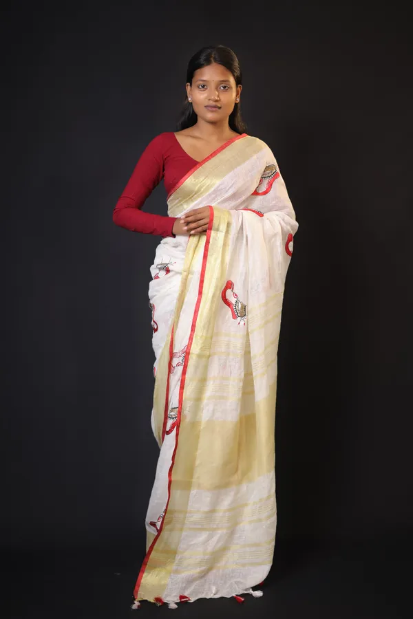 Off-White_Pure_Linen_Handloom_Saree_with_Golden_Zari_Red_Border_&_Resham_Embroidery_|_Bhagalpuri_Artisan_Weave_–_Hatha_Karagha