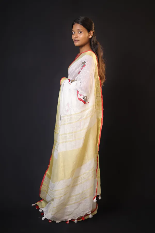 Off-White_Pure_Linen_Handloom_Saree_with_Golden_Zari_Red_Border_&_Resham_Embroidery_|_Bhagalpuri_Artisan_Weave_–_Hatha_Karagha