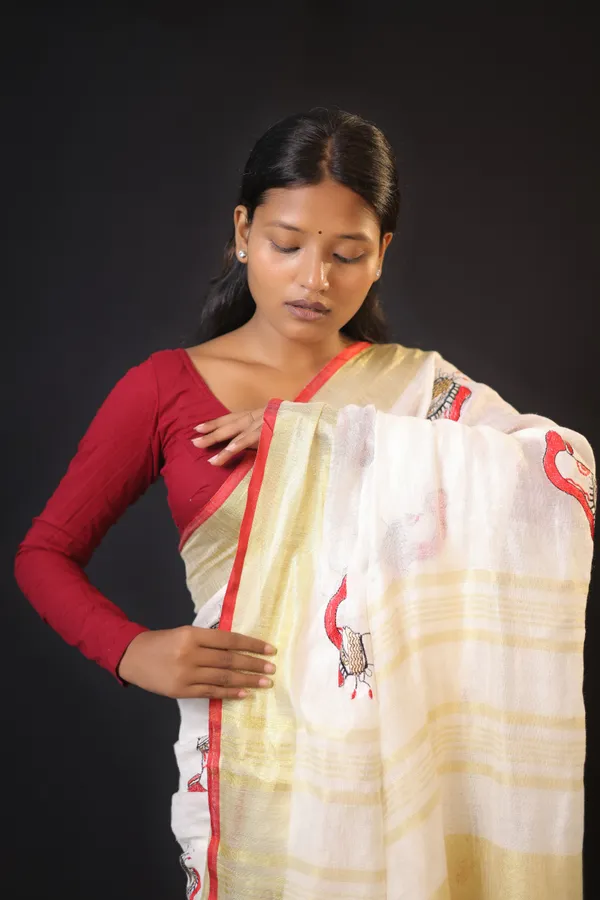 Off-White_Pure_Linen_Handloom_Saree_with_Golden_Zari_Red_Border_&_Resham_Embroidery_|_Bhagalpuri_Artisan_Weave_–_Hatha_Karagha