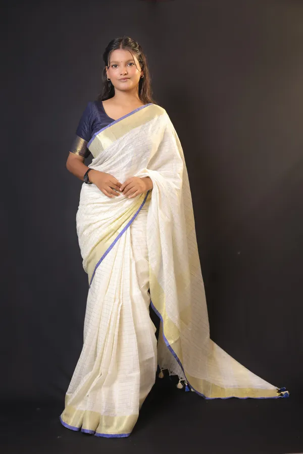 Off-White_Linen_Blend_Saree_with_Golden-Blue_Border_|_Handwoven_Bhagalpuri_Festive_Saree_–_Hatha_Karagha