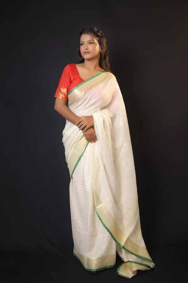 Off-White_Linen_Blend_Saree_with_Golden-Green_Border_|_Handwoven_Bhagalpuri_Festival_Saree_–_Hatha_Karagha