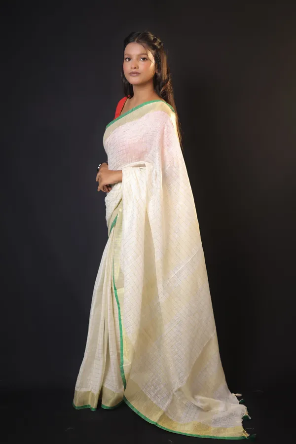 Off-White_Linen_Blend_Saree_with_Golden-Green_Border_|_Handwoven_Bhagalpuri_Festival_Saree_–_Hatha_Karagha