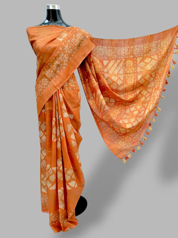 Orange_Hand_Batik_Printed_Bamboo_Silk_Blend_Saree_with_Running_Blouse_Piece_by_Hatha_Karagha