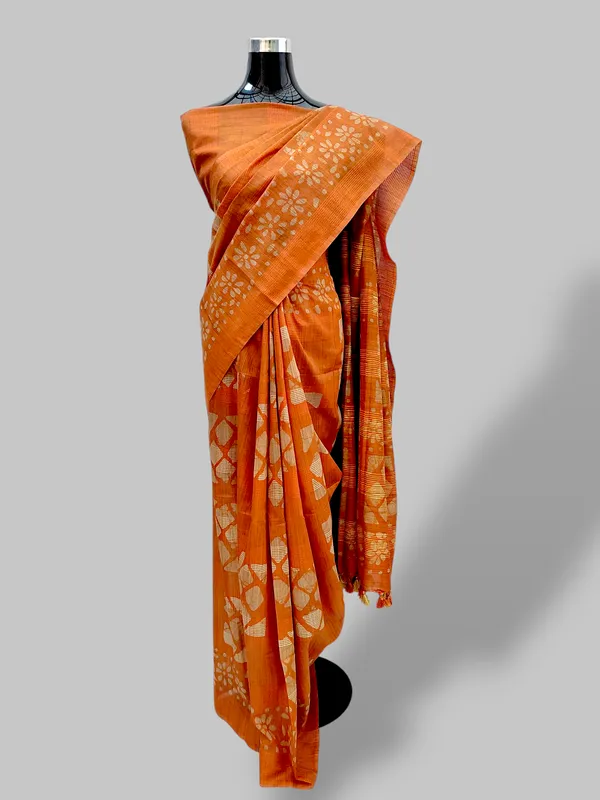 Orange_Hand_Batik_Printed_Bamboo_Silk_Blend_Saree_with_Running_Blouse_Piece_by_Hatha_Karagha