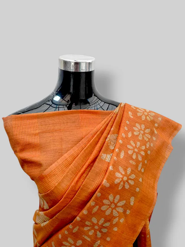 Orange_Hand_Batik_Printed_Bamboo_Silk_Blend_Saree_with_Running_Blouse_Piece_by_Hatha_Karagha