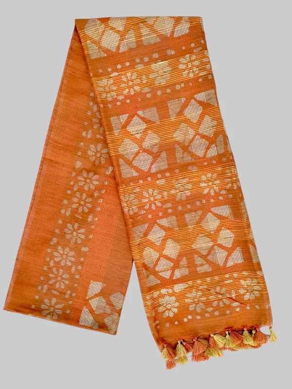 Orange_Hand_Batik_Printed_Bamboo_Silk_Blend_Saree_with_Running_Blouse_Piece_by_Hatha_Karagha