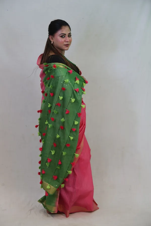 Pink-Green_Dual_Shade_Cotton_Silk_Saree_|_Bhagalpuri_Saree_with_Handcrafted_Pallu_–_Hatha_Karagha