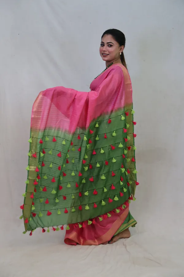 Pink-Green_Dual_Shade_Cotton_Silk_Saree_|_Bhagalpuri_Saree_with_Handcrafted_Pallu_–_Hatha_Karagha