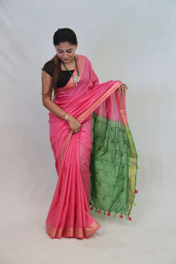 Pink-Green_Dual_Shade_Cotton_Silk_Saree_|_Bhagalpuri_Saree_with_Handcrafted_Pallu_–_Hatha_Karagha