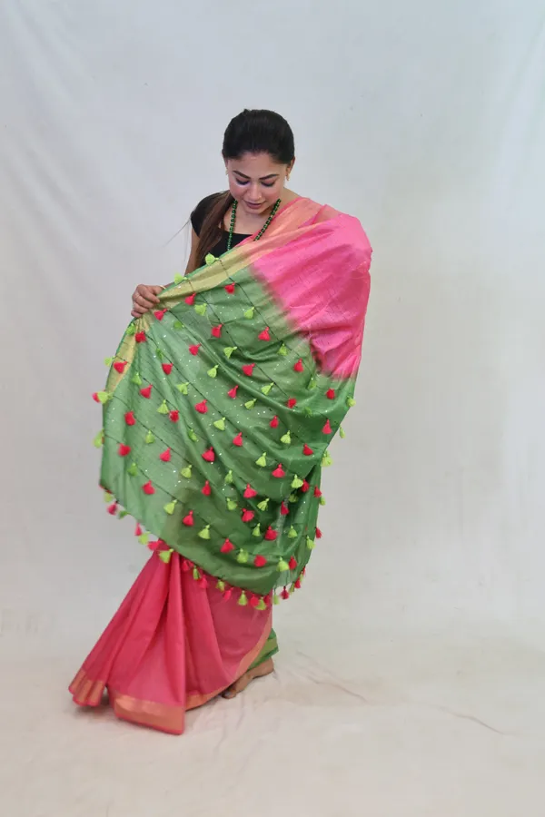 Pink-Green_Dual_Shade_Cotton_Silk_Saree_|_Bhagalpuri_Saree_with_Handcrafted_Pallu_–_Hatha_Karagha
