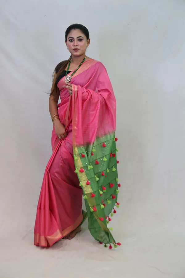 Pink-Green_Dual_Shade_Cotton_Silk_Saree_|_Bhagalpuri_Saree_with_Handcrafted_Pallu_–_Hatha_Karagha