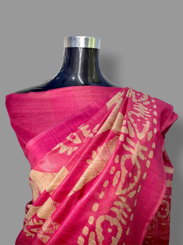 Pink_Hand_Batik_Printed_Bamboo_Silk_Blend_Saree_with_Running_Blouse_Piece_by_Hatha_Karagha