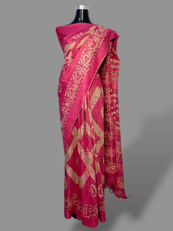 Pink_Hand_Batik_Printed_Bamboo_Silk_Blend_Saree_with_Running_Blouse_Piece_by_Hatha_Karagha