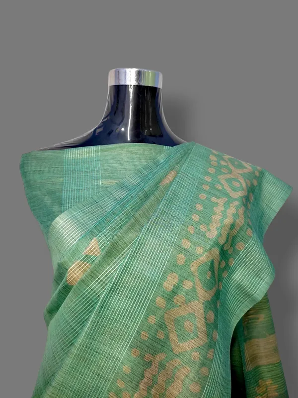 Sea_Green_Hand_Batik_Printed_Bamboo_Silk_Blend_Saree_with_Running_Blouse_Piece_by_Hatha_Karagha