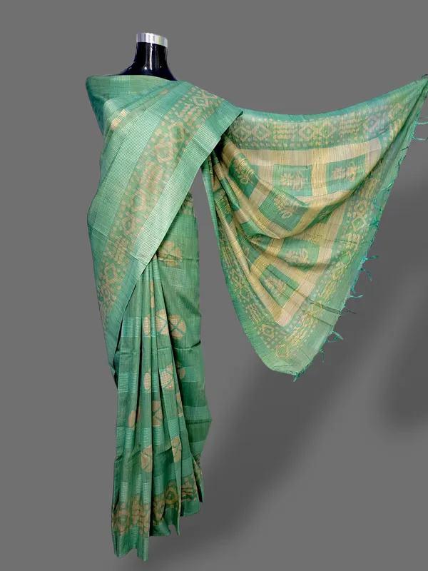 Sea_Green_Hand_Batik_Printed_Bamboo_Silk_Blend_Saree_with_Running_Blouse_Piece_by_Hatha_Karagha