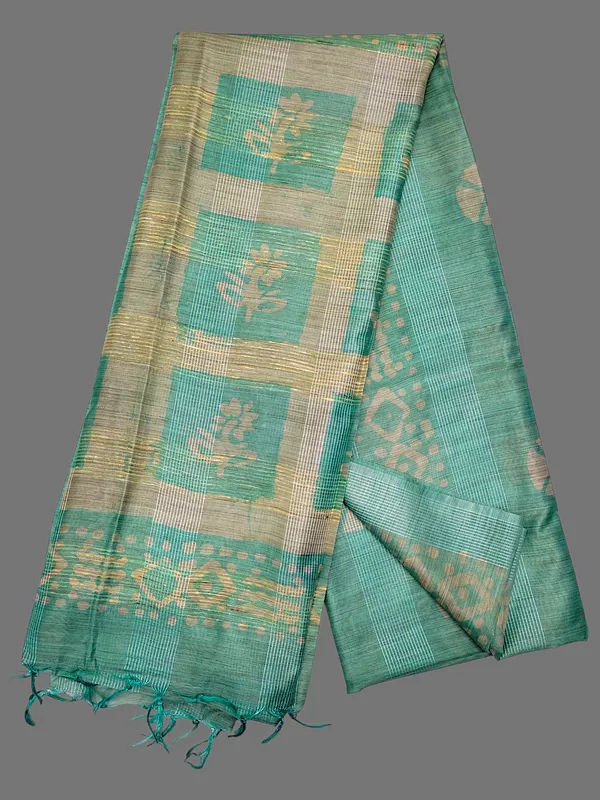 Sea_Green_Hand_Batik_Printed_Bamboo_Silk_Blend_Saree_with_Running_Blouse_Piece_by_Hatha_Karagha