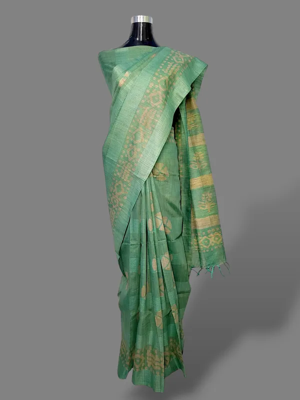 Sea_Green_Hand_Batik_Printed_Bamboo_Silk_Blend_Saree_with_Running_Blouse_Piece_by_Hatha_Karagha