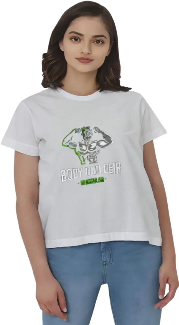 White_Polycotton_Crew_Neck_Printed_T-Shirt_For_Women
