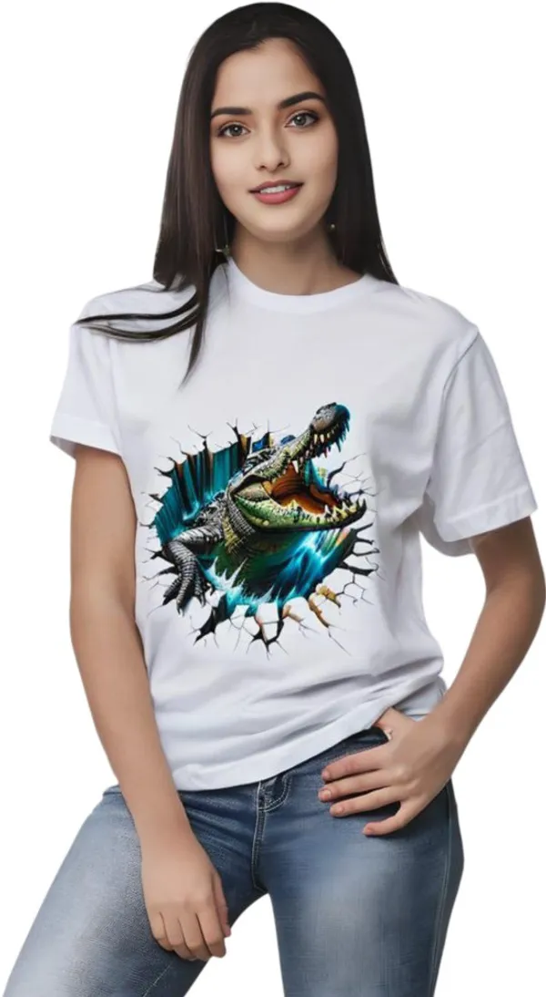 White_Polycotton_Crew_Neck_Printed_T-Shirt_For_Women