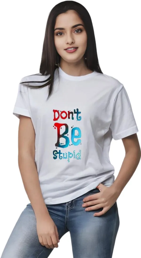 White_Polycotton_Crew_Neck_Printed_T-Shirt_For_Women