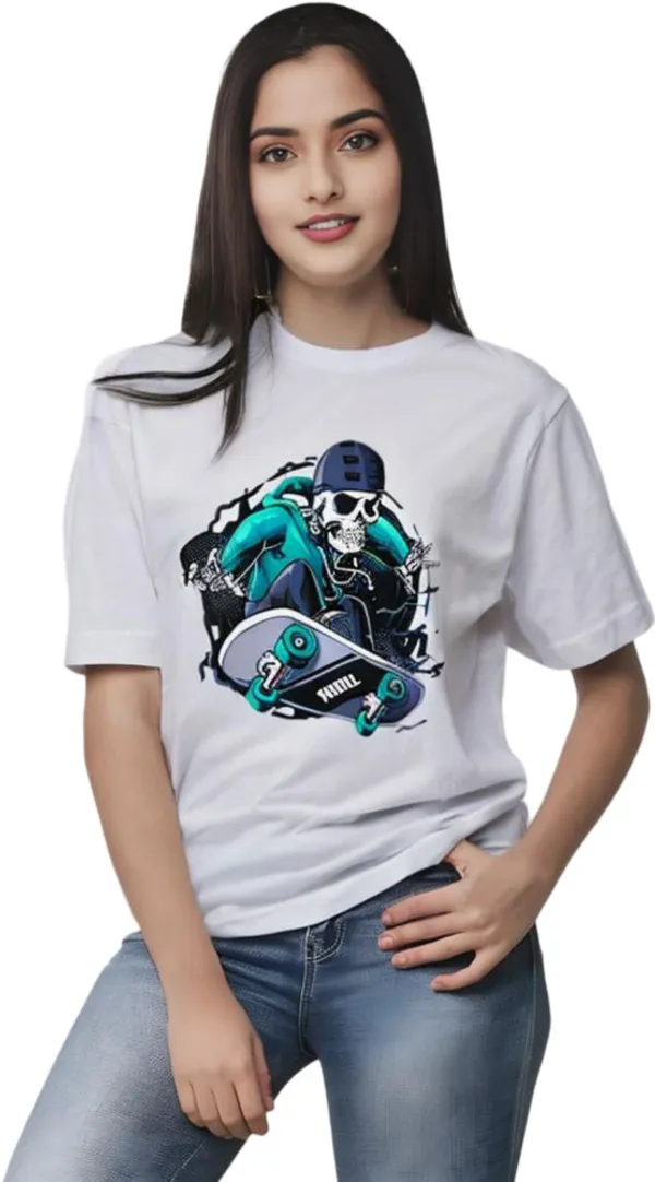 White_Polycotton_Crew_Neck_Printed_T-Shirt_For_Women