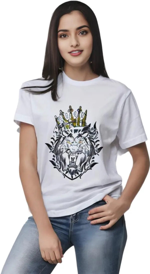 White_Polycotton_Crew_Neck_Printed_T-Shirt_For_Women