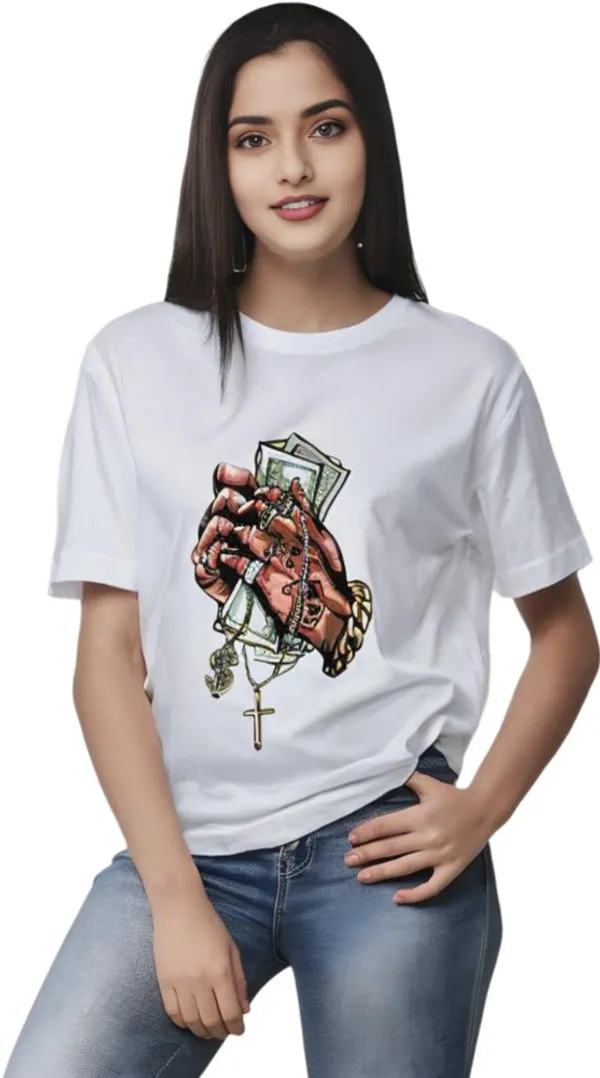 White_Polycotton_Round_Neck_Printed_T-Shirt_For_Women
