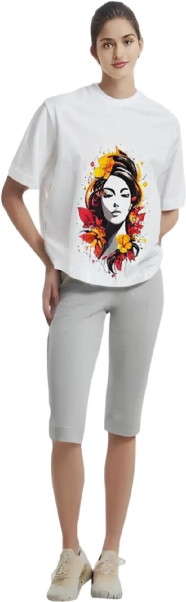 White_Polycotton_Round_Neck_Graphic_Print_T-Shirt_For_Women